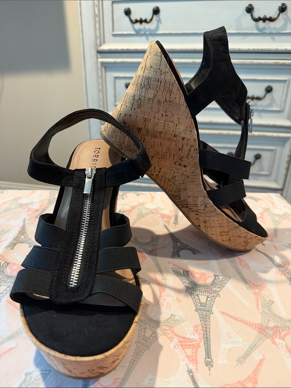torrid Black Cork Platform Wedge Sandals with Front Zip Detail